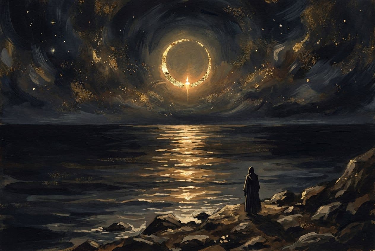 A figure on a rocky shore at night looks at a golden ring of light above a calm sea.