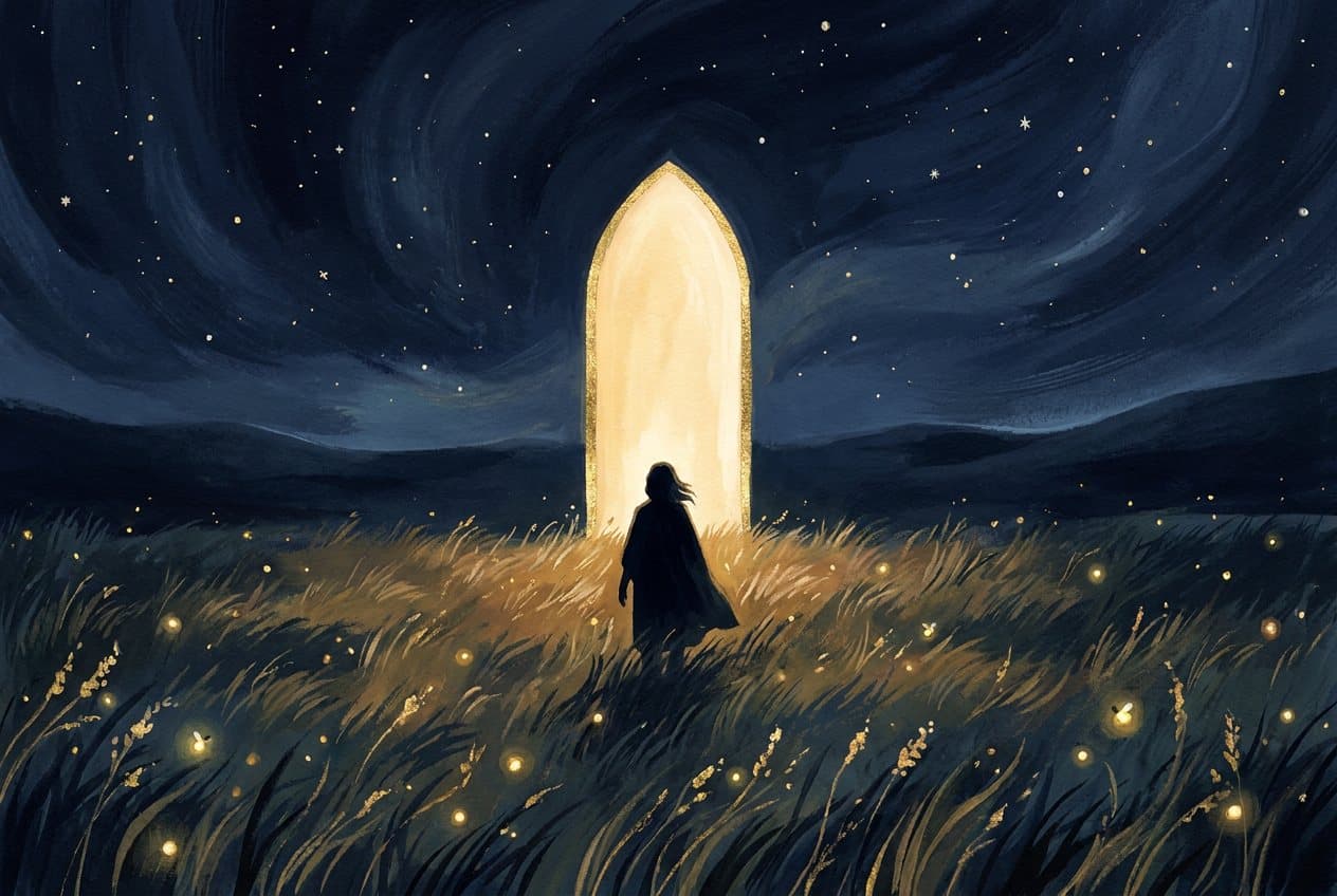 A doorway of glowing light in a night meadow, a figure seen from behind walking towards it.