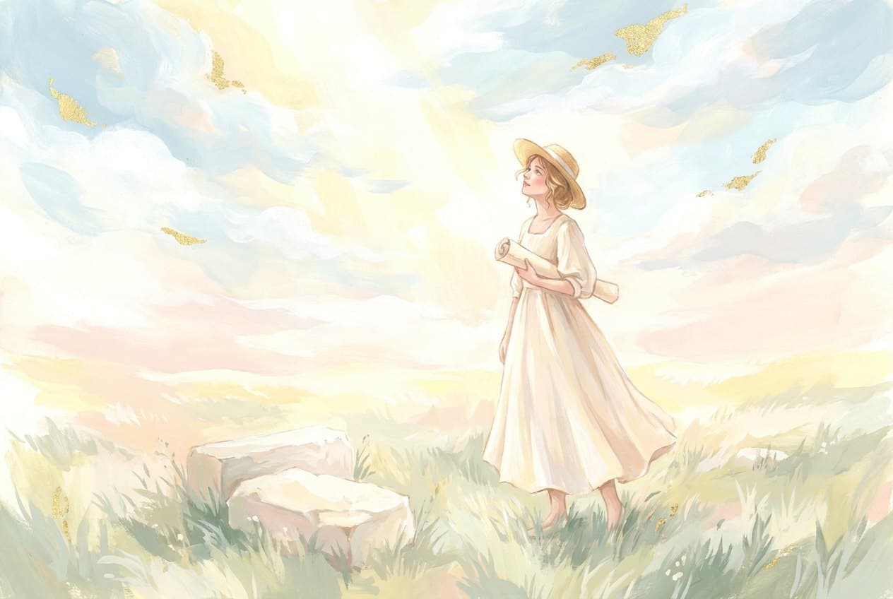 A woman in a straw hat with a rolled plan under her arm stands in a bright meadow looking up at golden light through the clouds, two pale foundation stones lying in the grass beside her.