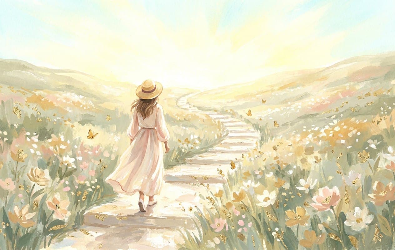 A woman in a straw hat walks in morning light along a winding path through a flowering meadow, the path rising in gentle steps towards a bright horizon.