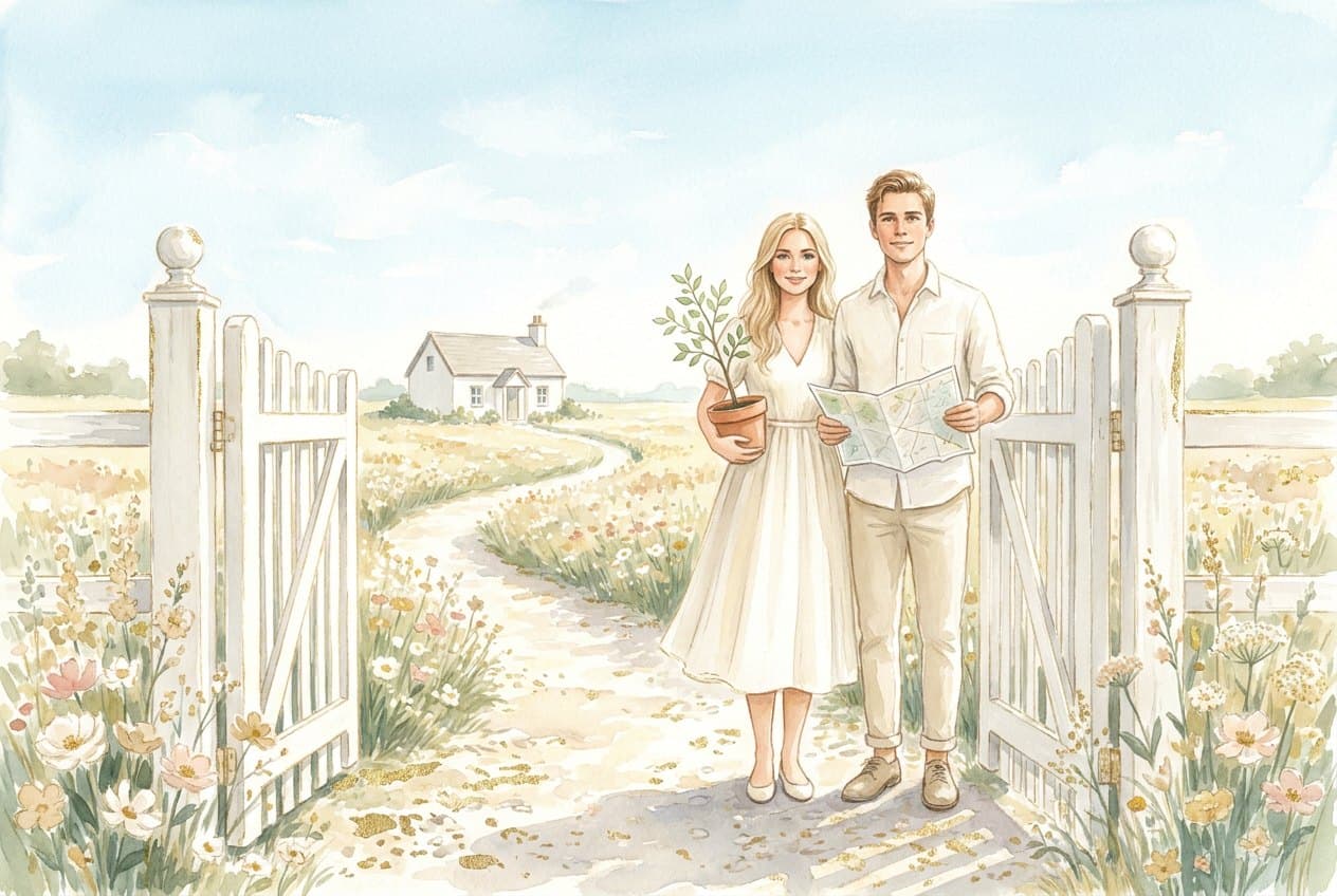 A young woman holding a potted sapling and a man holding a map stand at an open white garden gate, with a path winding through a flowering meadow to a small white house behind them.