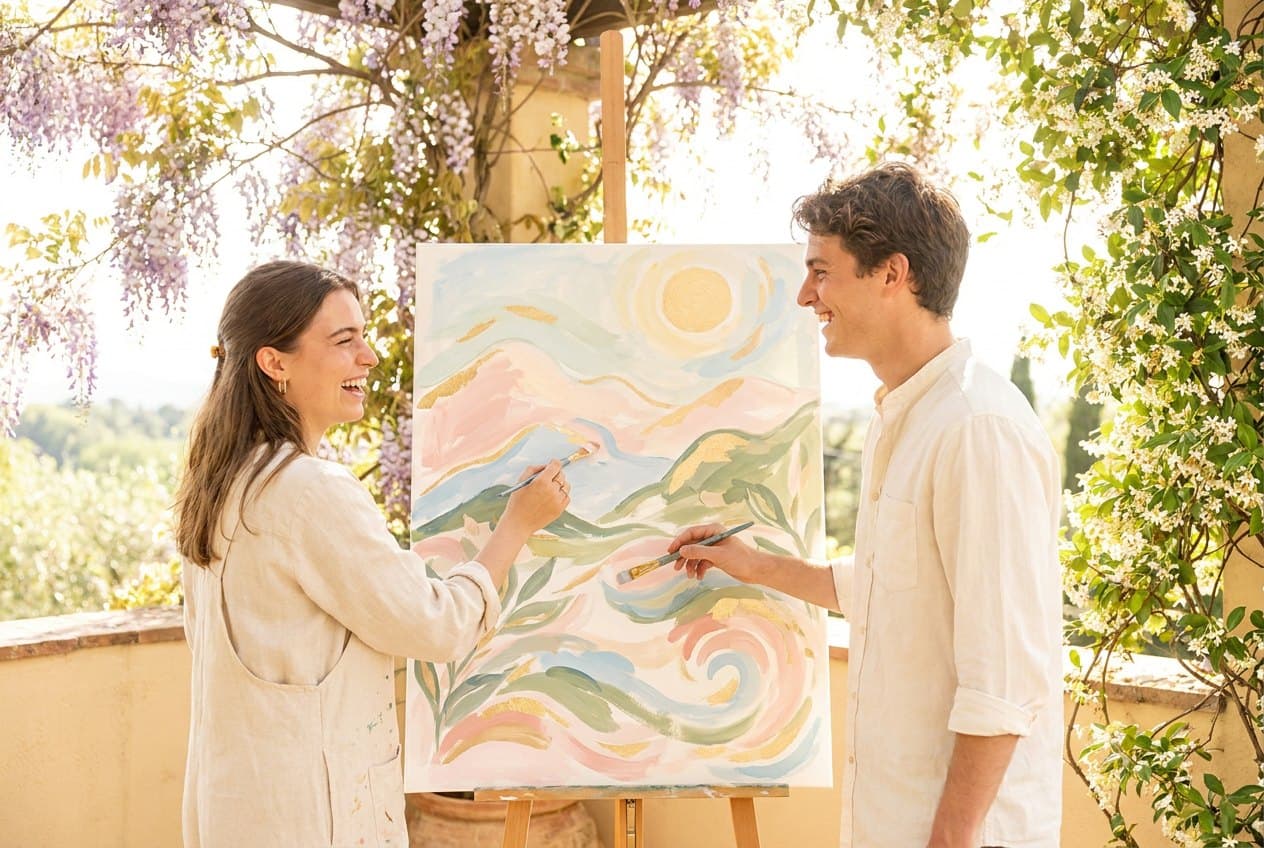 A young woman and a man on a sunny terrace under wisteria painting one canvas together on an easel and laughing.