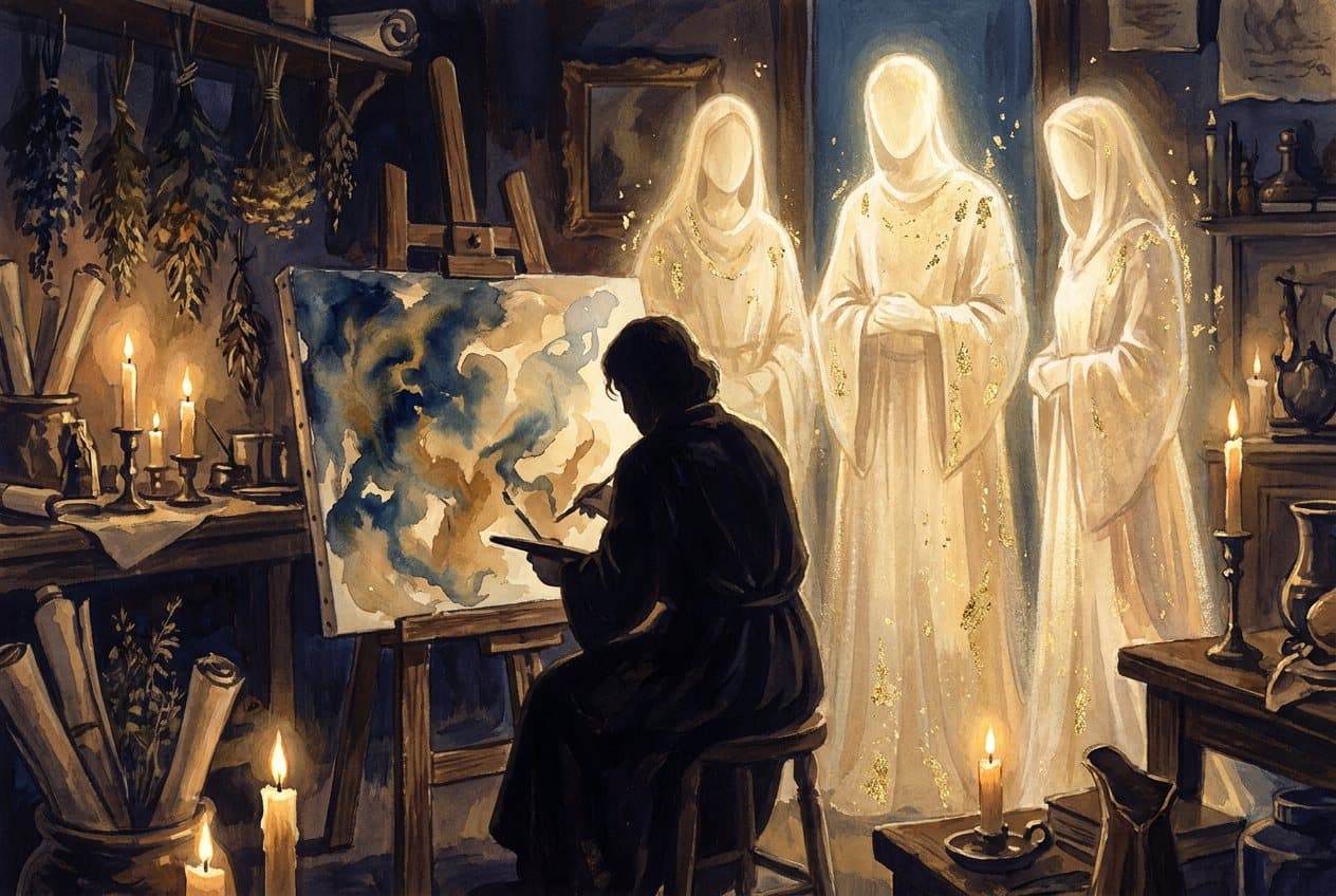 A person painting at an easel in a candle-lit studio, with three faceless figures of light standing behind them.