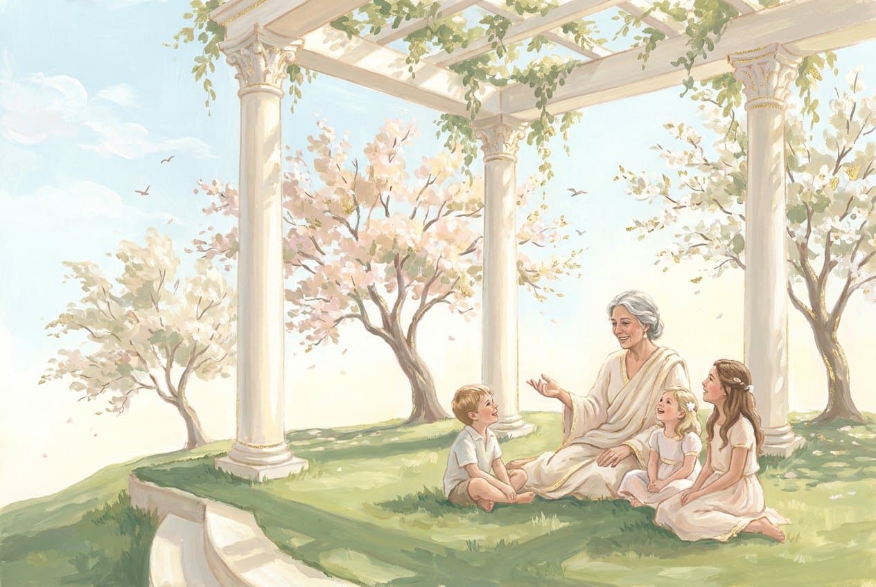 In a sunlit hilltop pavilion with white columns, a grey-haired woman teacher talks with four children sitting on the grass beneath blossoming trees.