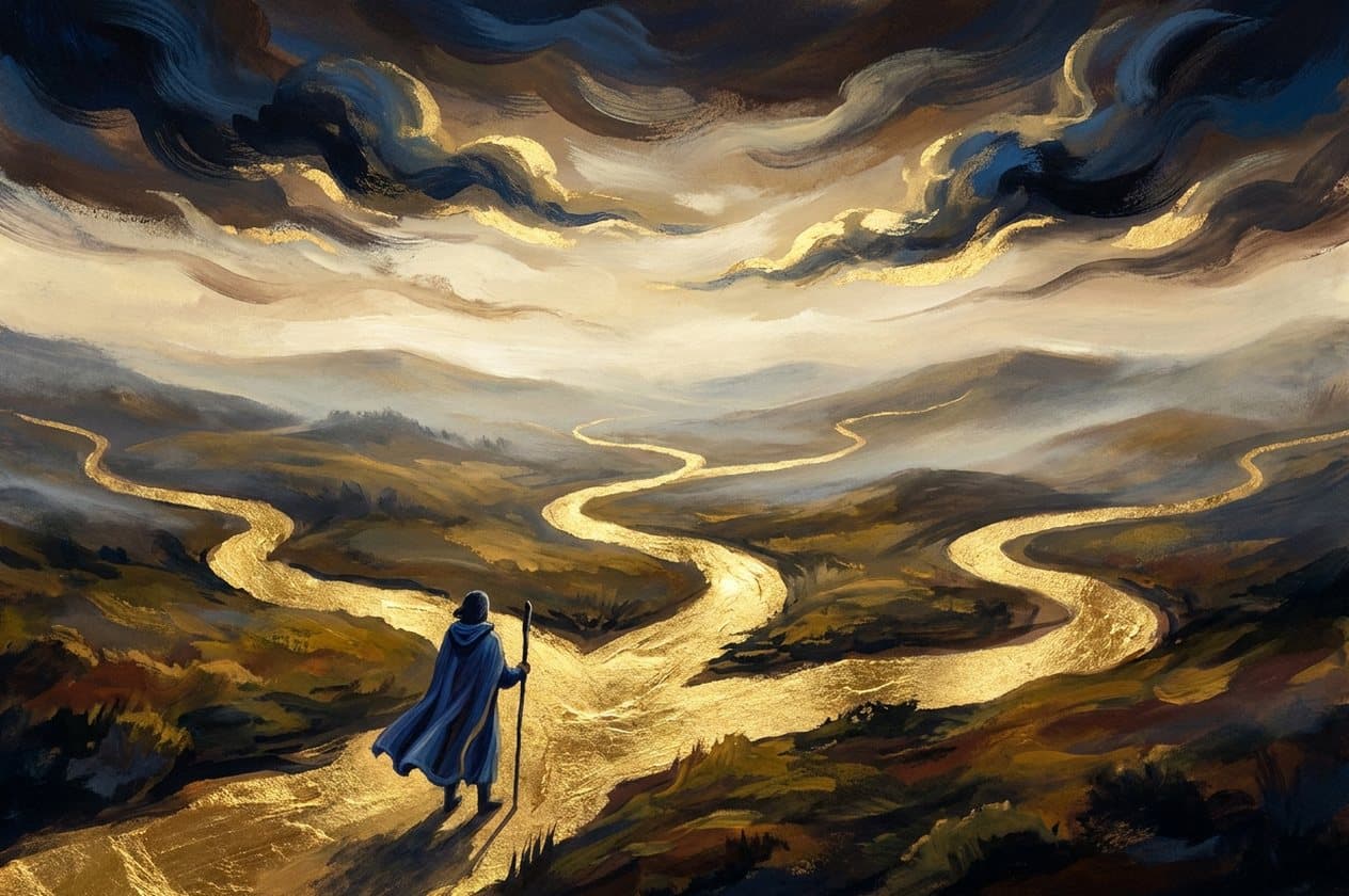 A traveller in a cloak with a staff stands at a crossroads where five golden paths diverge into misty hills.