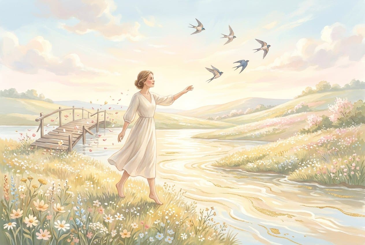 A barefoot woman in a light linen dress walks through a sunlit meadow beside a river of golden light, reaching towards five swallows, with an old wooden footbridge behind her.