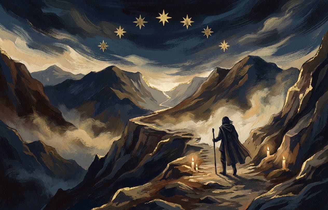 A pilgrim with a staff climbs a winding mountain path at dawn while seven golden stars shine in an arc above the pass.