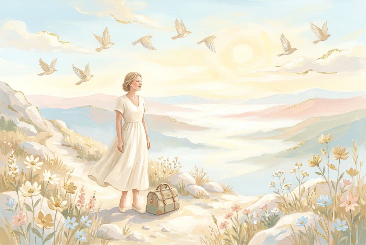 A woman in a light dress stands on a sunlit mountain summit after a long climb, a travel bag beside her, while pale-gold birds fly over a bright valley.