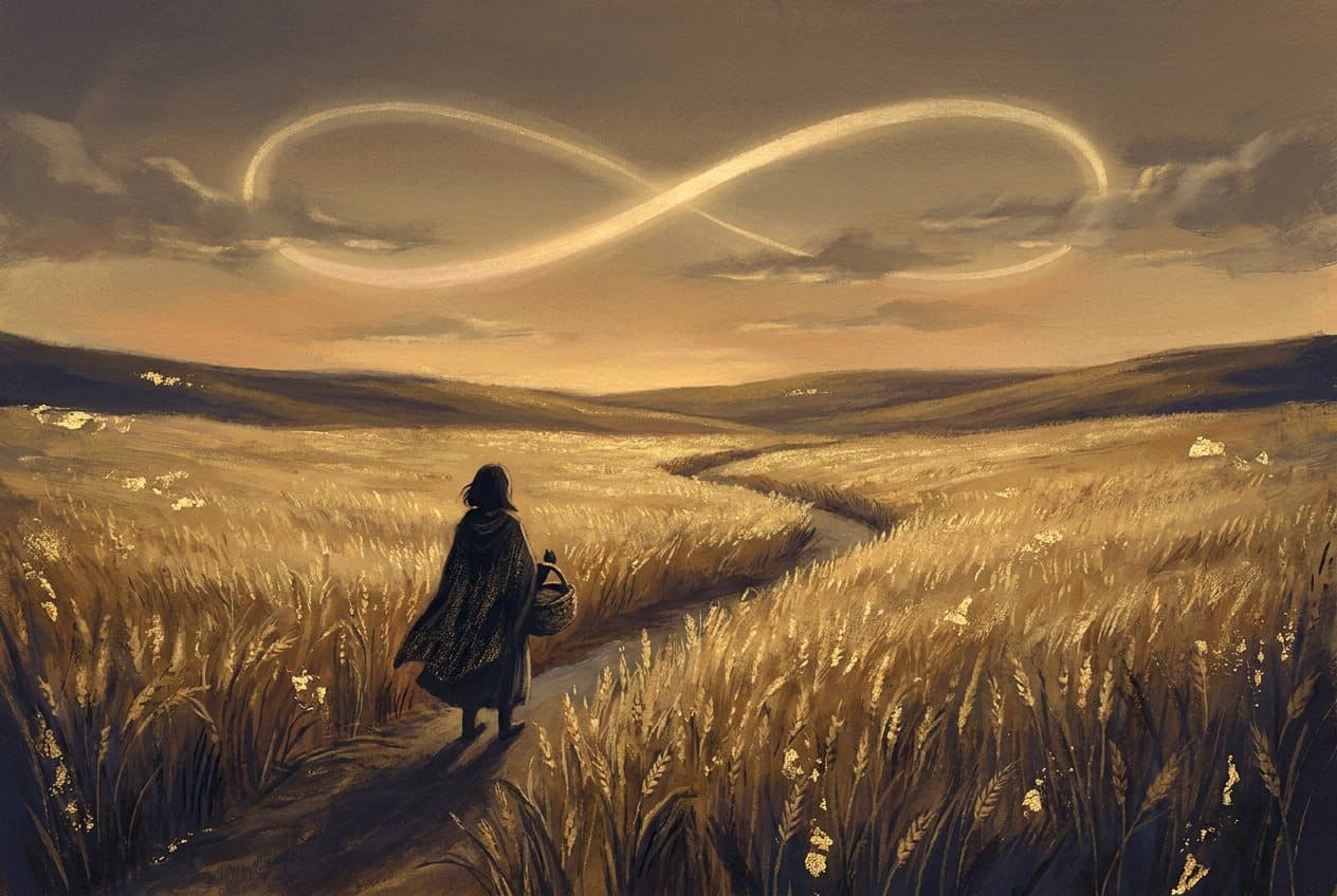 A figure carrying a basket walks through a golden wheat field at sunset under a ribbon of light in the sky.