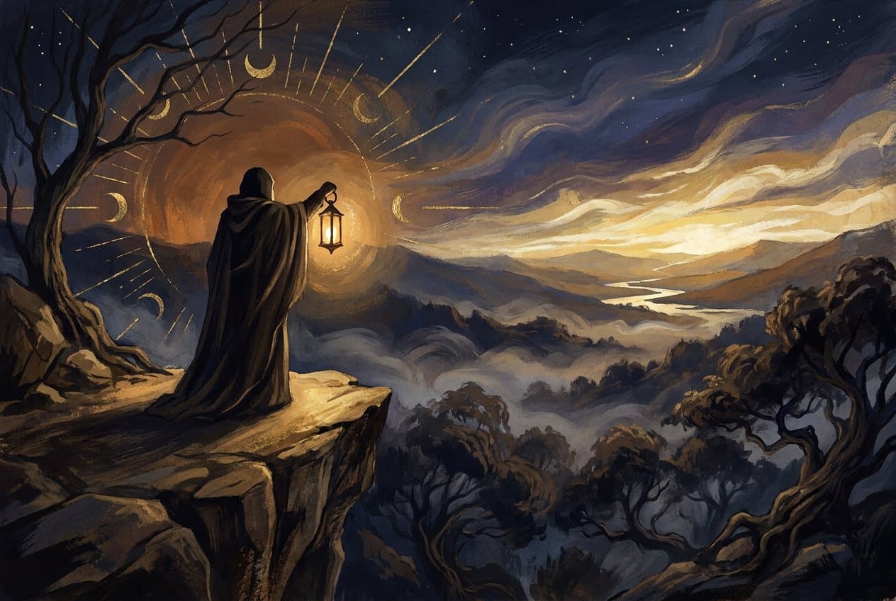 An old cloaked figure on the edge of a cliff at dusk holds up a lantern, looking over a valley where dawn is breaking.