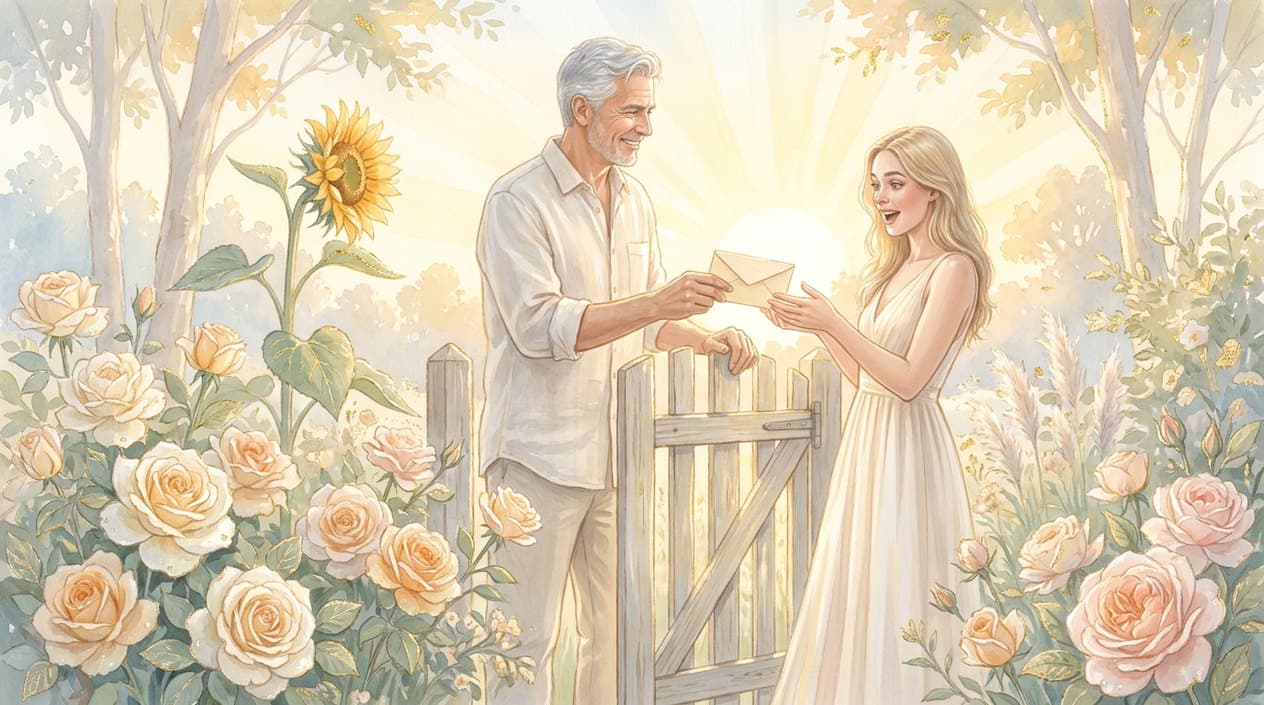 A silver-haired man in a light shirt at a wooden garden gate in morning sunlight hands an envelope to a surprised young woman in a white dress, with roses and a sunflower in bloom around them.