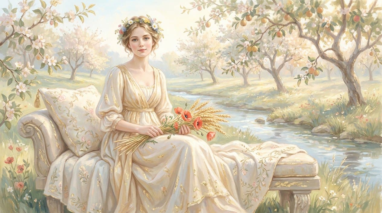 A woman in a light dress with a wreath of flowers sits on a cushioned bench in a blossoming garden beside a stream, holding ears of wheat and red poppies.