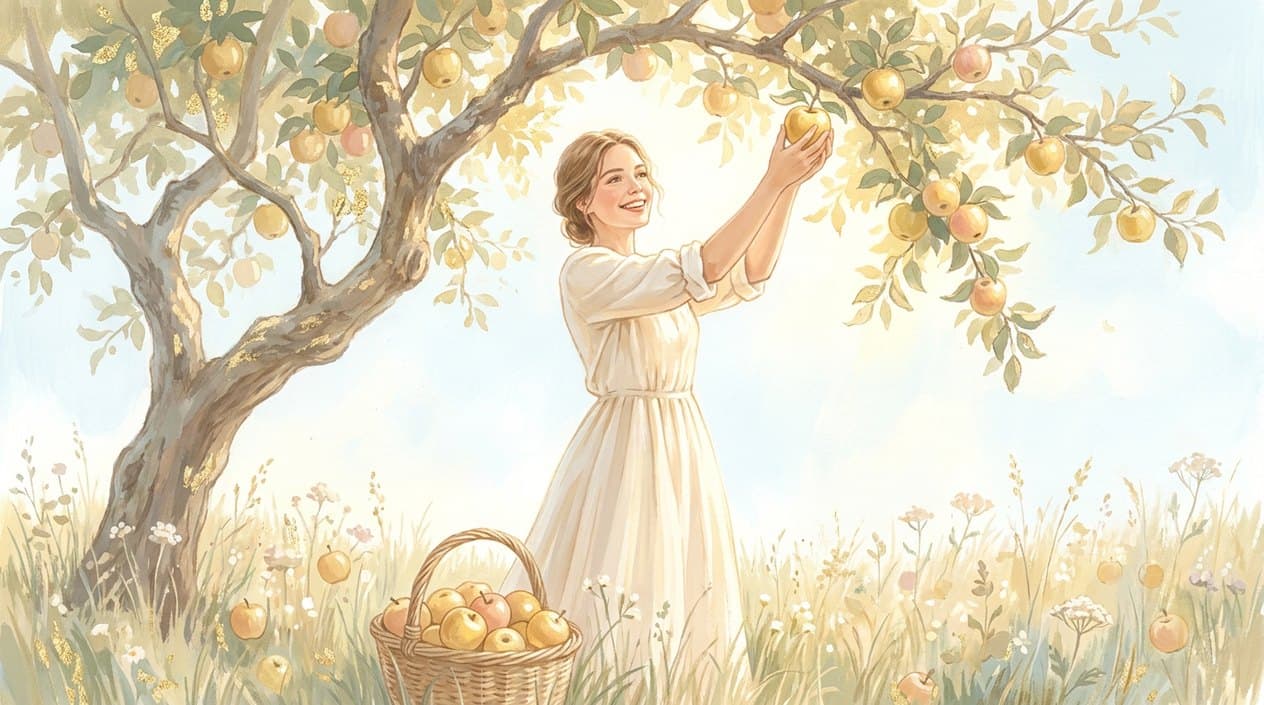 A young woman in a light summer dress in a sunny orchard reaches up with both hands to pick a ripe golden apple from a tree heavy with fruit, a basket full of apples at her feet.