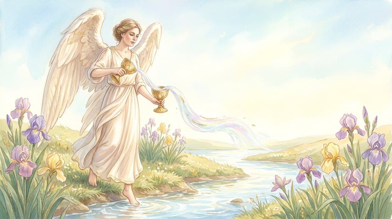 A winged woman in a pale robe pours a stream of light between two golden cups, one foot on the bank and one in a stream, with irises blooming around her.