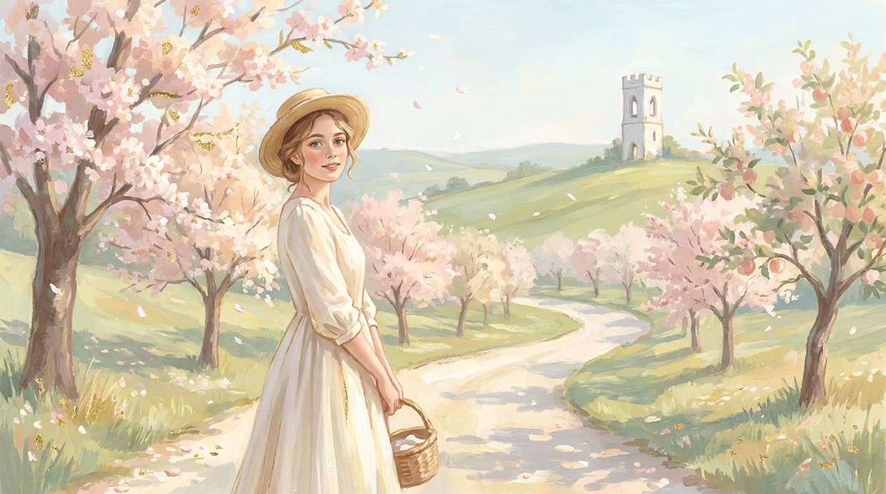 A young woman in a straw hat with a basket stands by a winding country road among blossoming fruit trees; in the distance a white stone tower stands on a green hill.