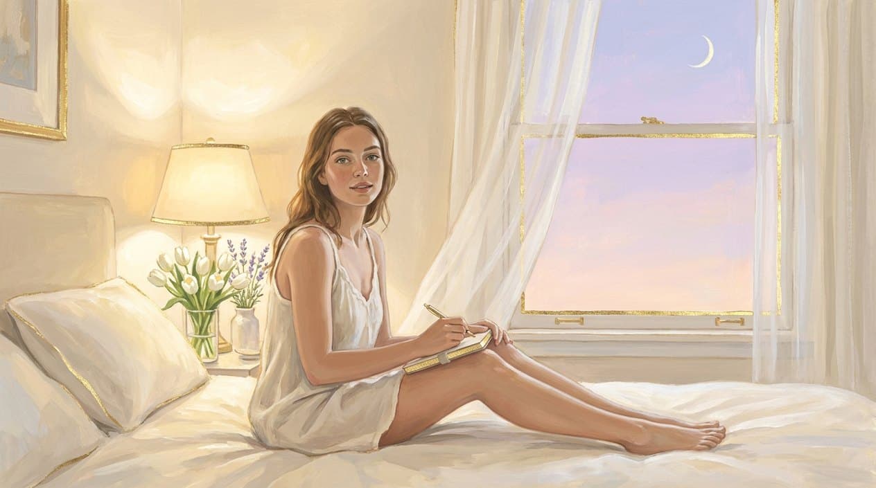 A young woman sits on the edge of her bed in a bright cream bedroom writing in a journal, a bedside lamp glowing beside her and a pale lilac sky with a thin crescent moon outside the window.