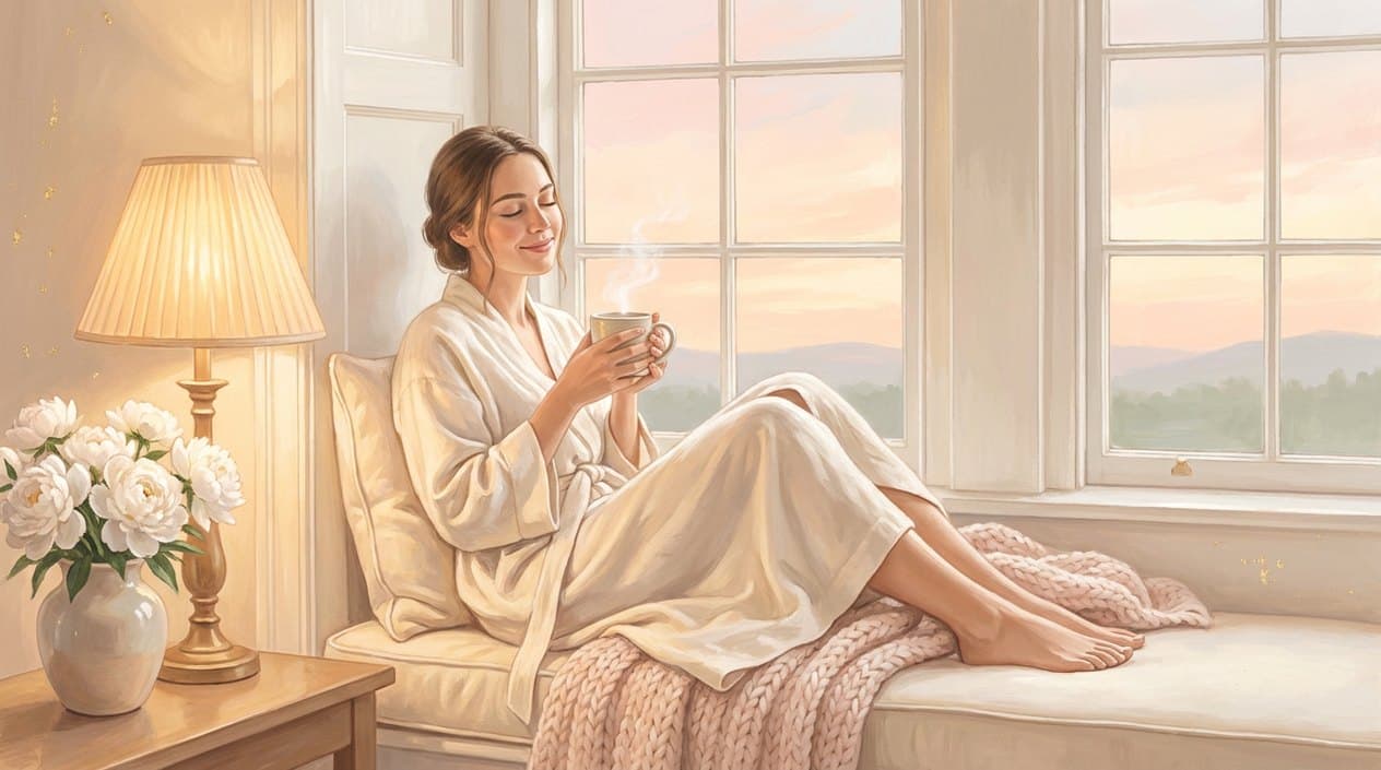 A woman in a light linen robe sits on a window seat holding a cup of tea, a knitted blanket over her knees, a warm lamp and a vase of white peonies beside her, a rosy evening sky outside the window.
