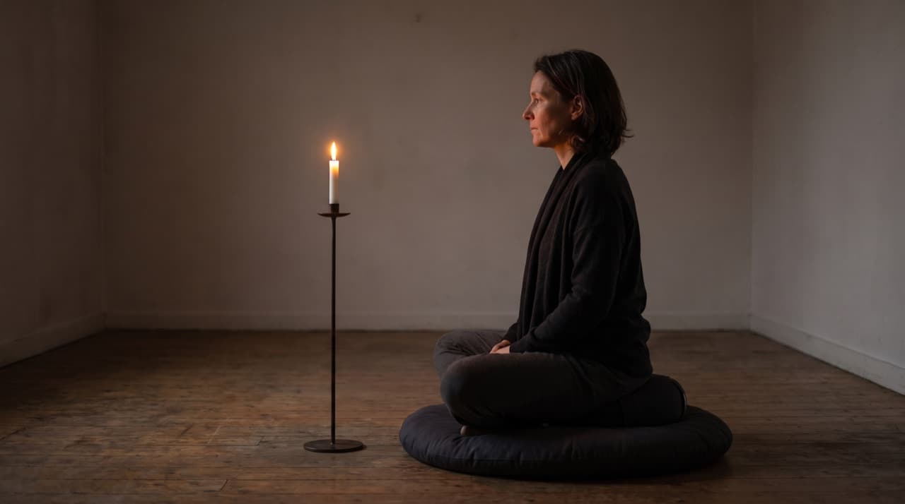A woman sits on a meditation cushion in a dark room gazing at a candle on a tall stand at eye level