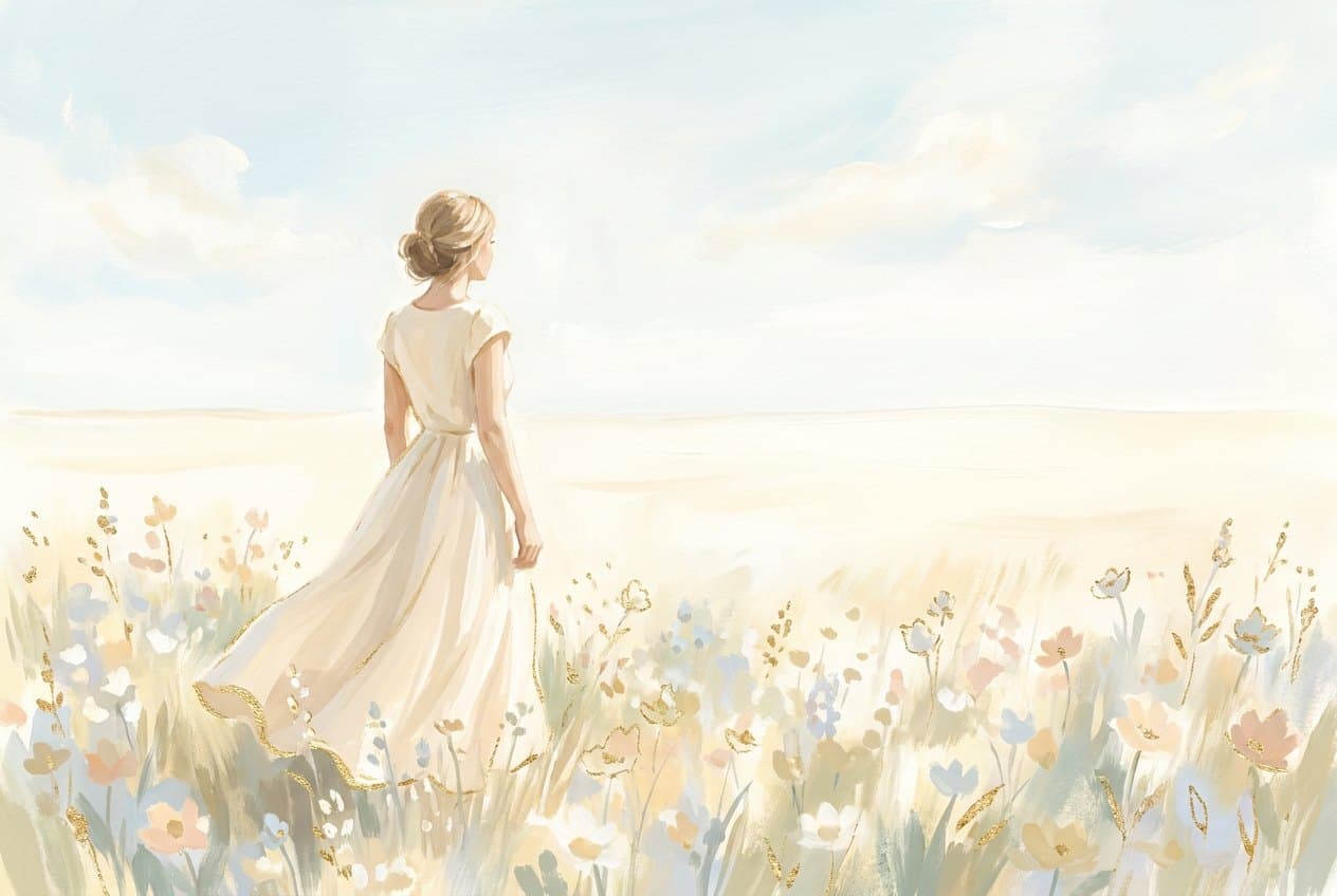 A woman in a light dress stands in the middle of a wide sunlit meadow, looking at a bright, almost empty horizon, with wildflowers all around her.