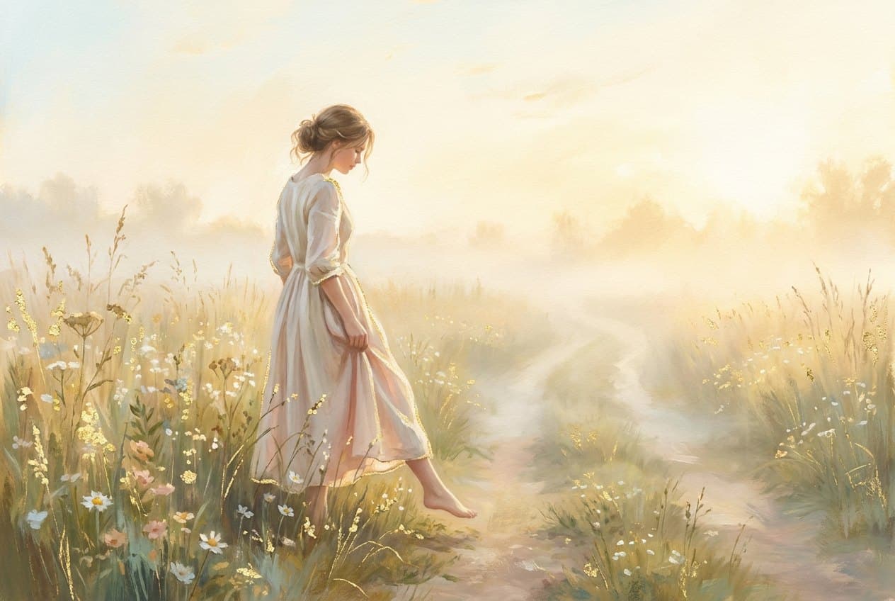 A young woman in a pale dress stands barefoot at the edge of a misty meadow, about to step onto a fresh, untrodden path.