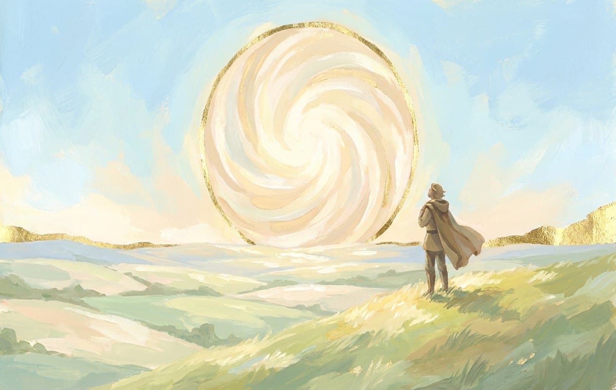 A traveller on a sunny green hilltop looks at a vast pale golden wheel of light in a bright morning sky.