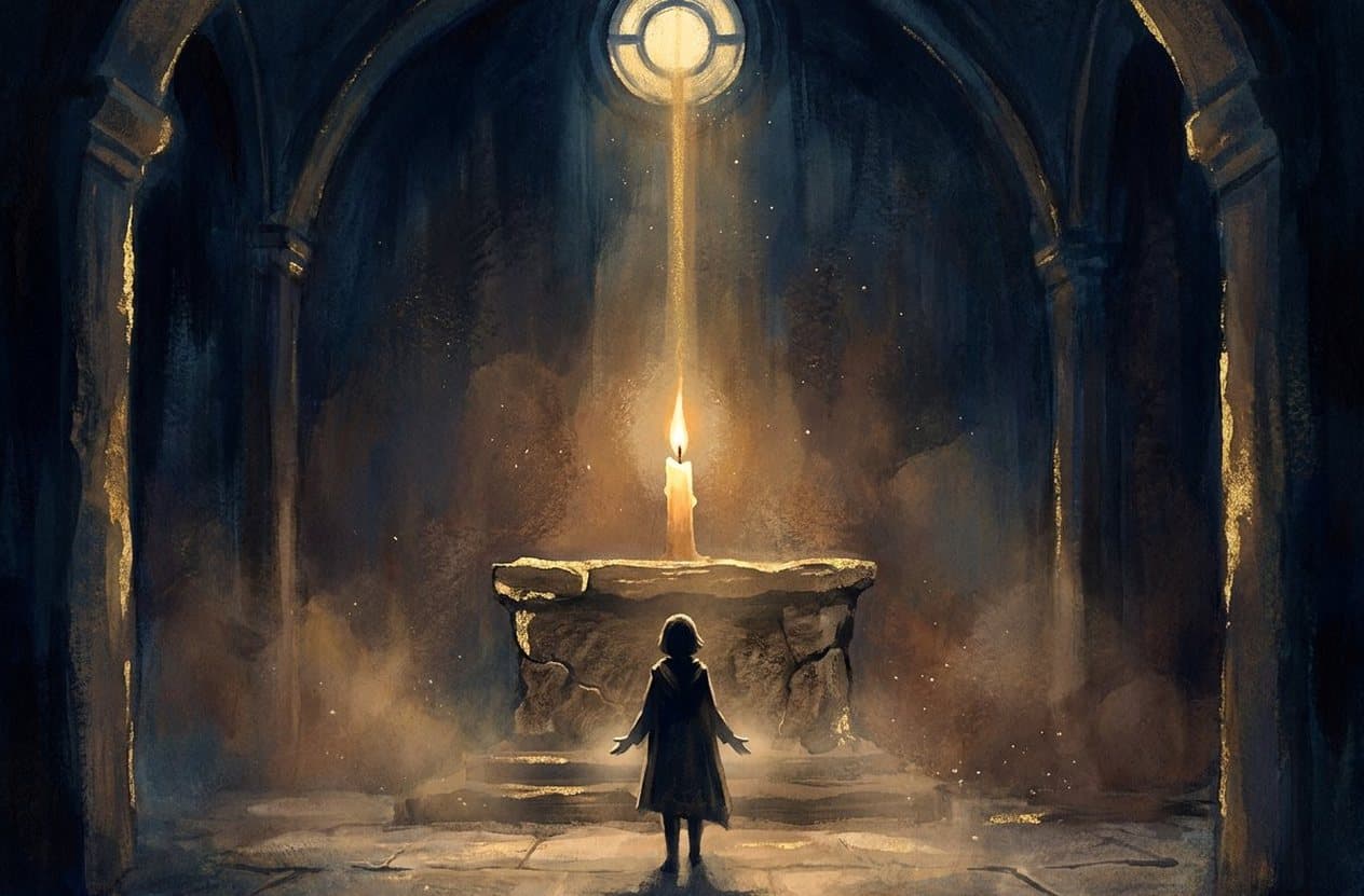 A person stands in a dark chapel before an altar with a candle, lit by a narrow beam of light from a round window.