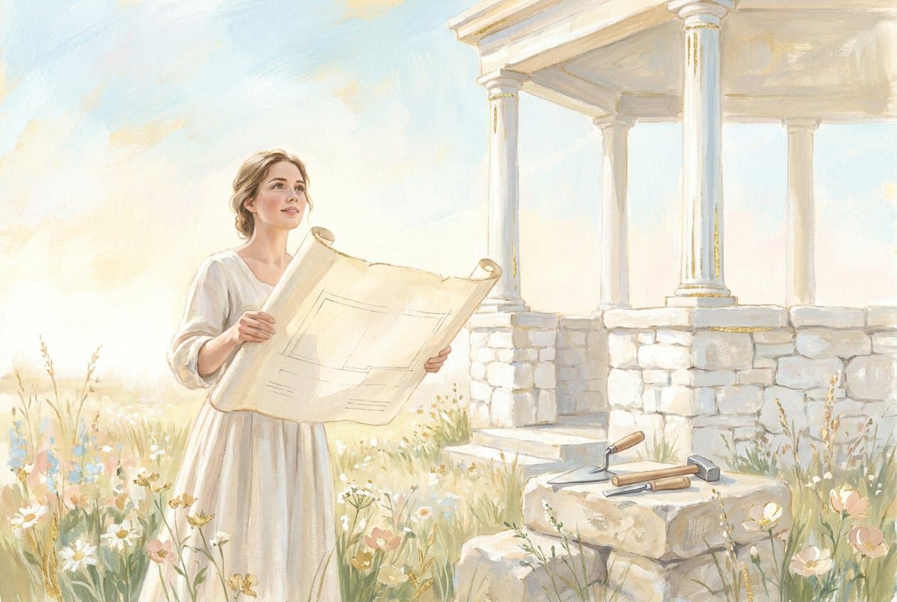 A young woman in a light linen dress holds an unrolled plan in a sunny meadow beside a half-built white stone pavilion with columns, mason's tools resting on a stone.