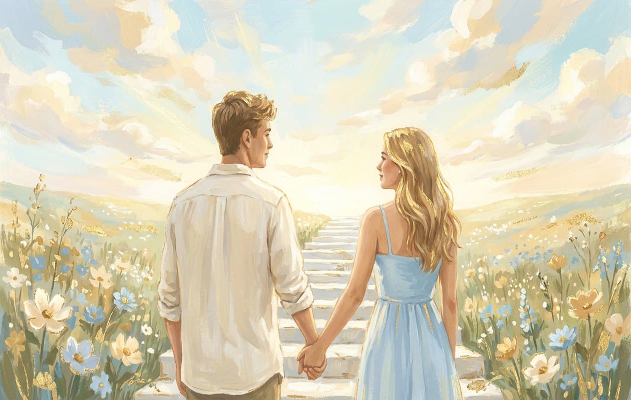 A young couple holding hands walks up white stone steps through a flowering meadow towards a bright morning sky.