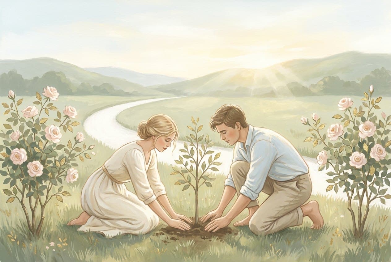 A young woman and man kneel facing each other in a sunny meadow between two rose bushes, planting a small tree together.