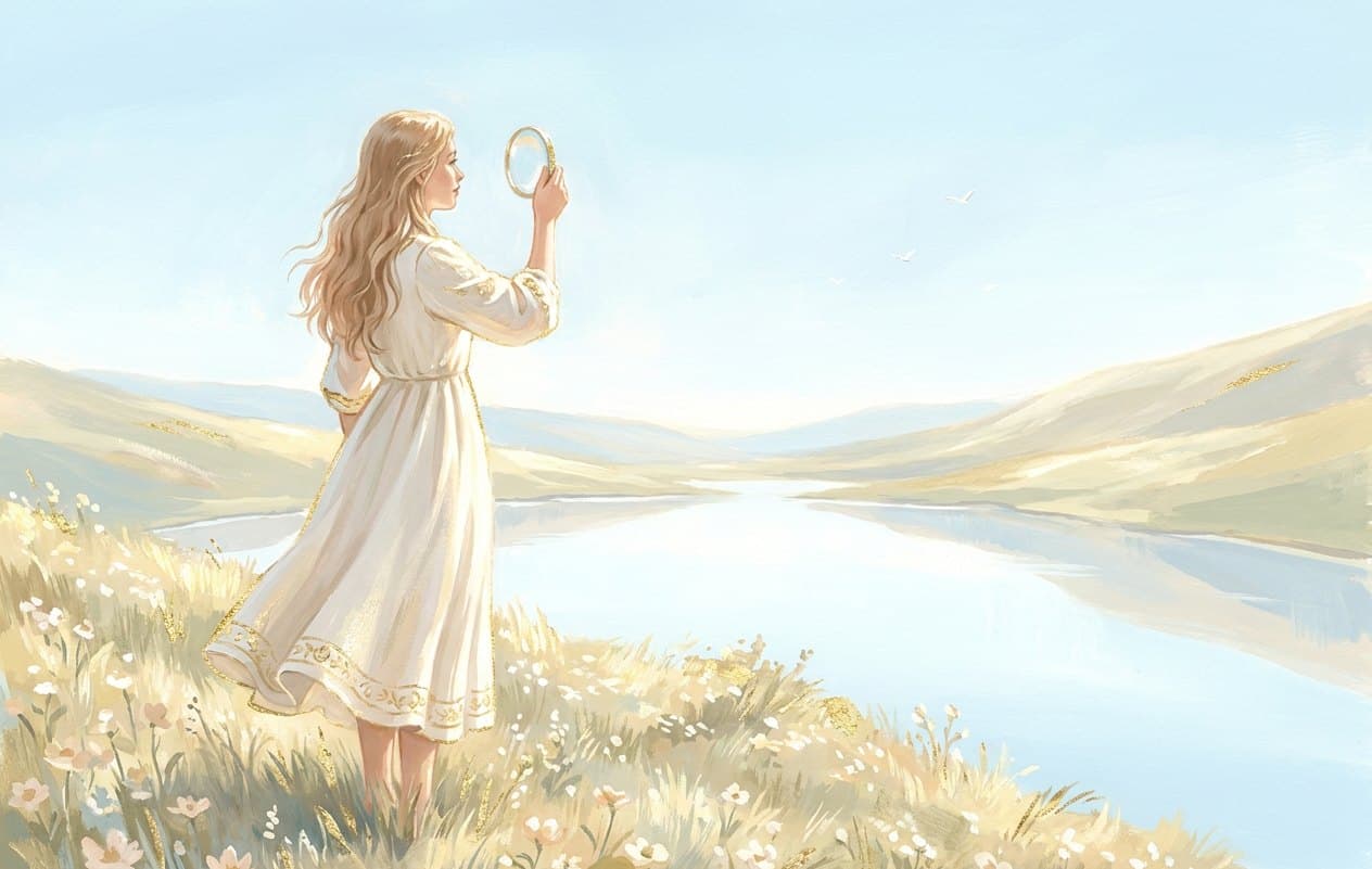 A young woman on a sunny hilltop meadow raises a clear round lens to her eye, with a bright valley and a calm river below.