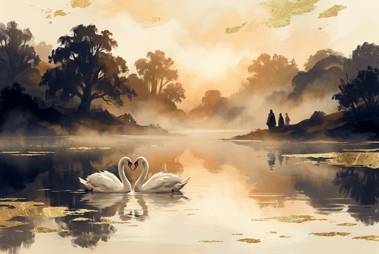 Two white swans facing each other on a calm lake at dawn, their reflections in the water.