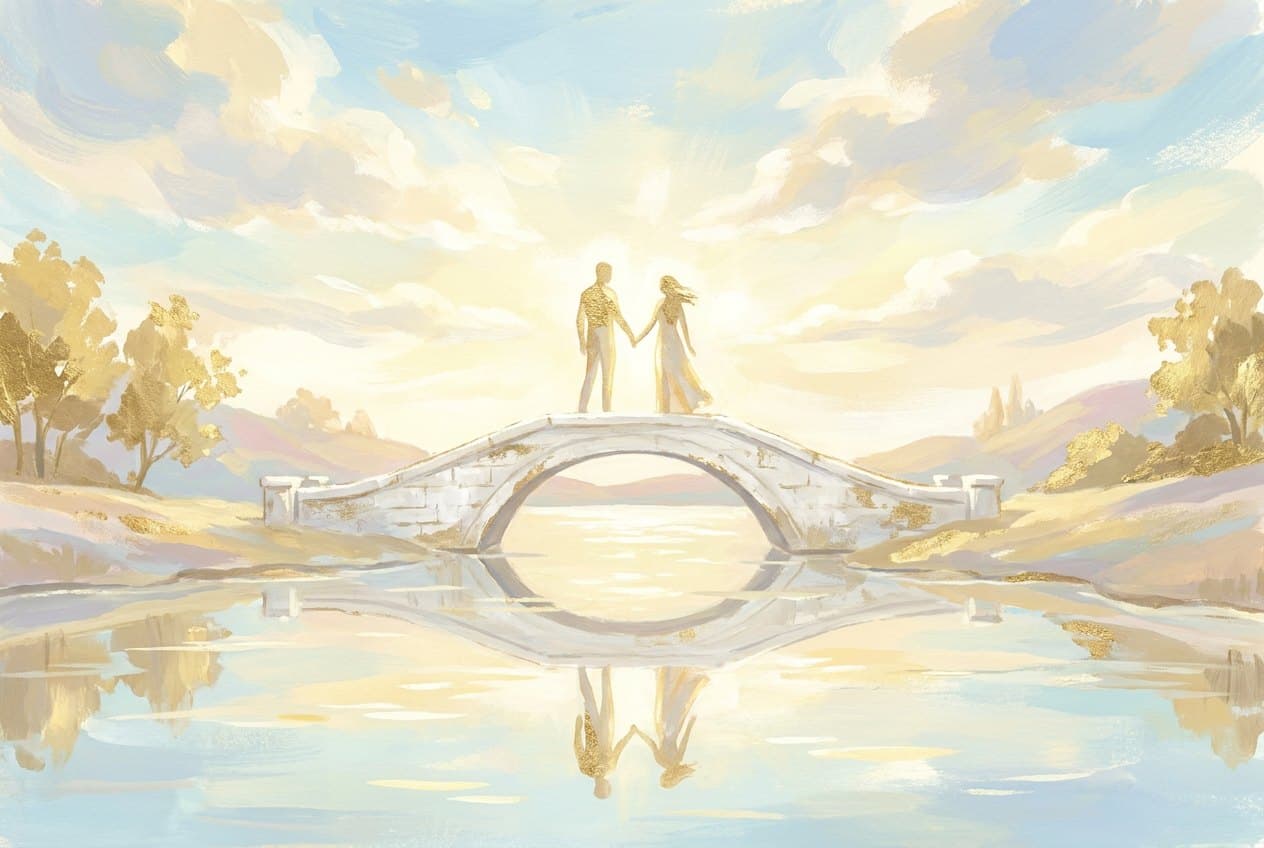 Two luminous figures stand hand in hand on a white stone bridge over a calm lake in morning light, mirrored in the water.