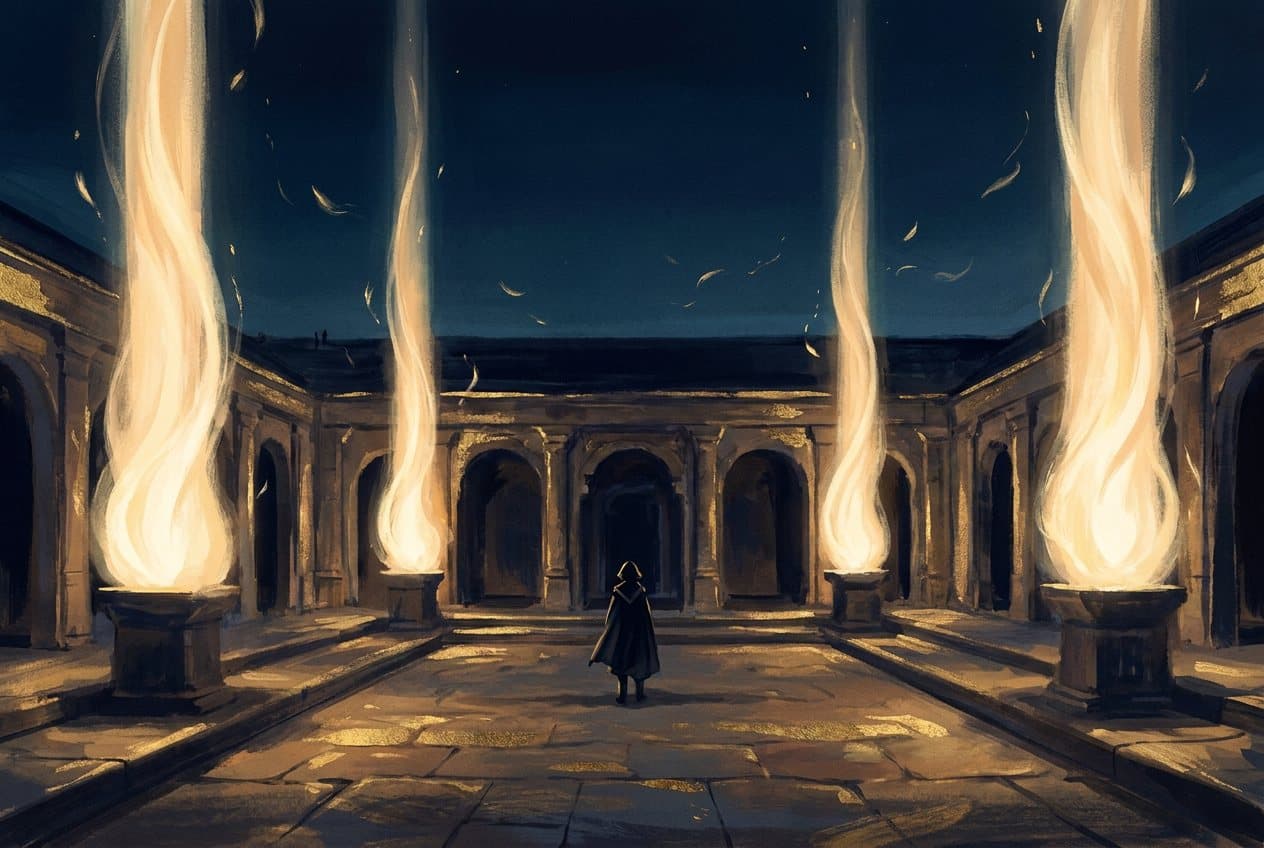 A person stands at dusk in a stone courtyard between four tall pillars of light.
