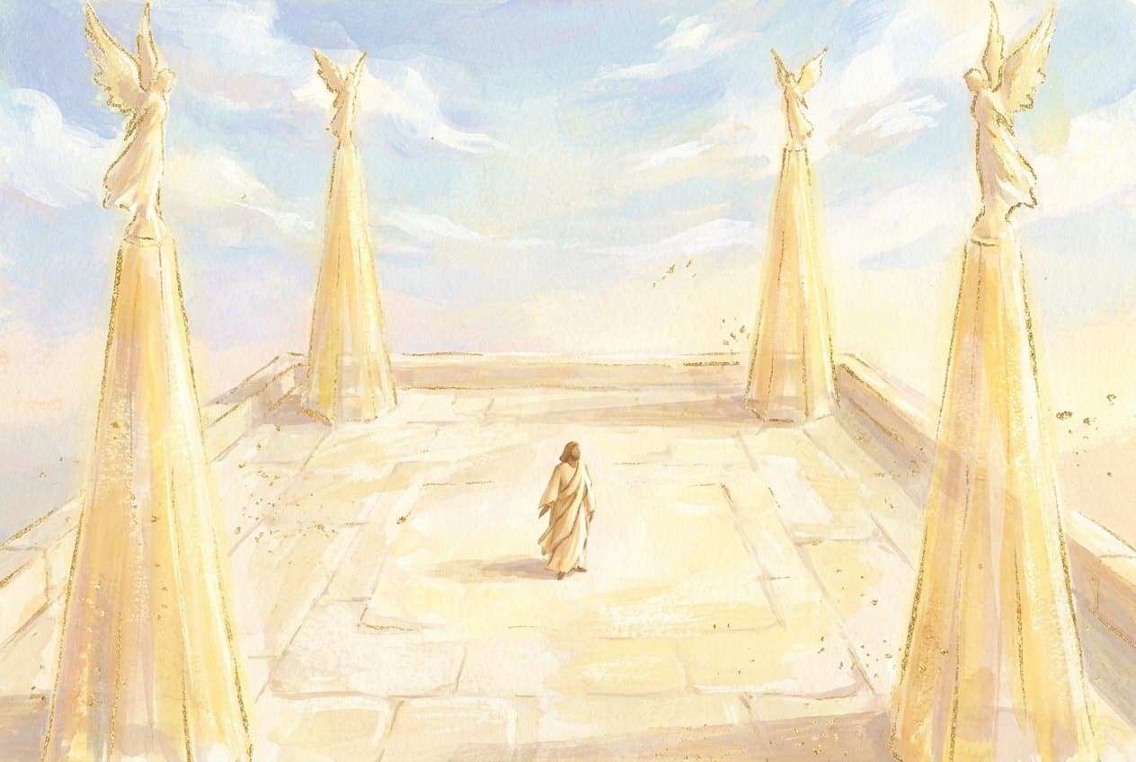 A person in the middle of a sunlit cream stone courtyard, with tall towers of golden light at its four corners and winged figures on top.