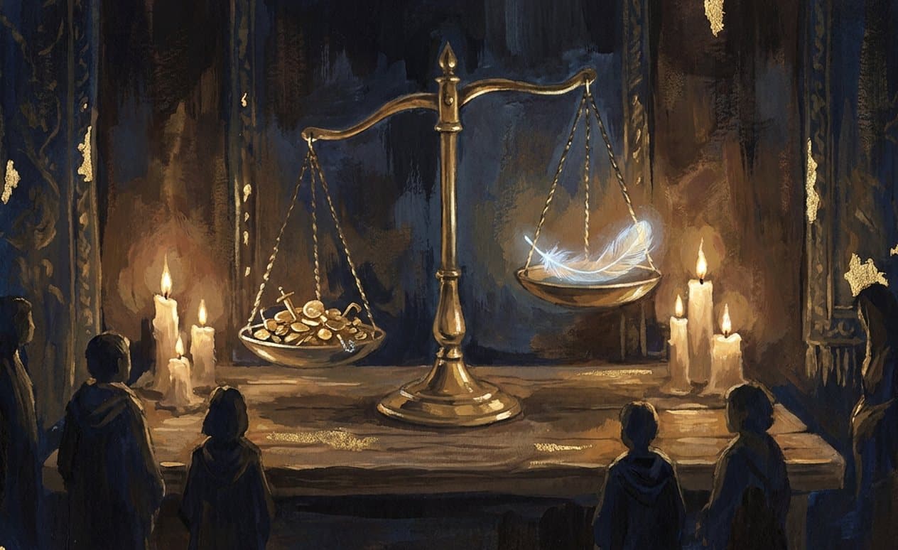 An old brass balance scale by candlelight, golden coins in one pan and a glowing feather in the other.