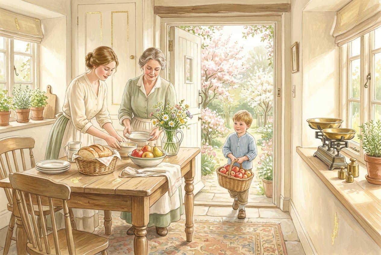 A sunlit cottage kitchen opening onto a blossoming garden: a mother and her grown daughter lay a wooden table with bread, fruit and wildflowers while a little boy carries in a basket of apples.