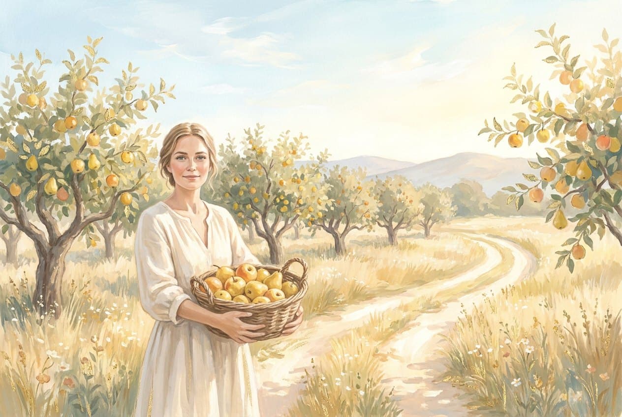 A woman in a light linen dress stands in a sunlit harvest orchard holding a basket full of golden apples and pears, with fruit-laden trees all around her.
