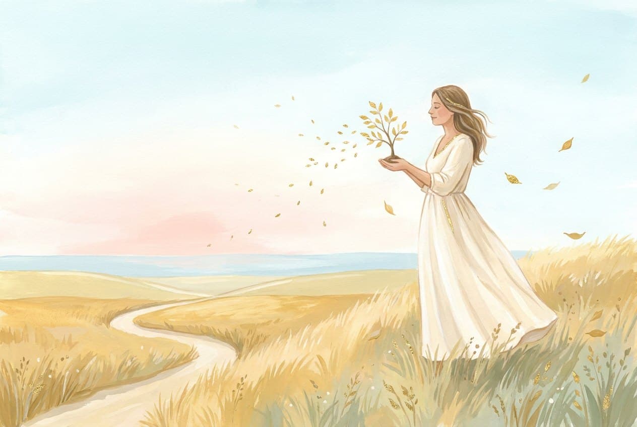 A woman in a cream linen dress stands in a bright field holding a gold-leafed sapling while the wind carries its leaves, and a well-walked path winds through golden grass towards a light horizon.