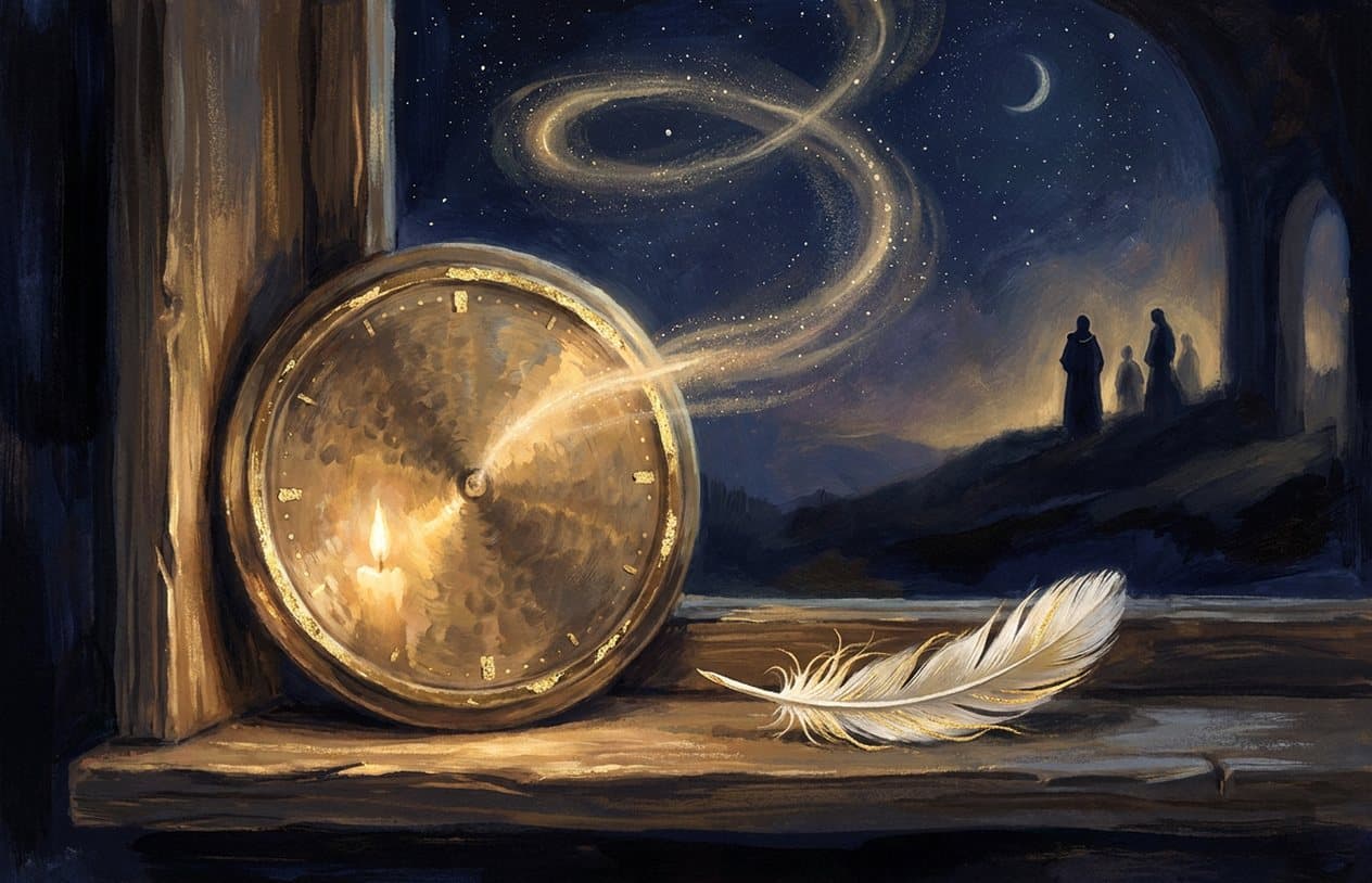 An antique brass clock without numerals glows on a windowsill beside a white feather, a spiral of light rising from it into the starry sky.