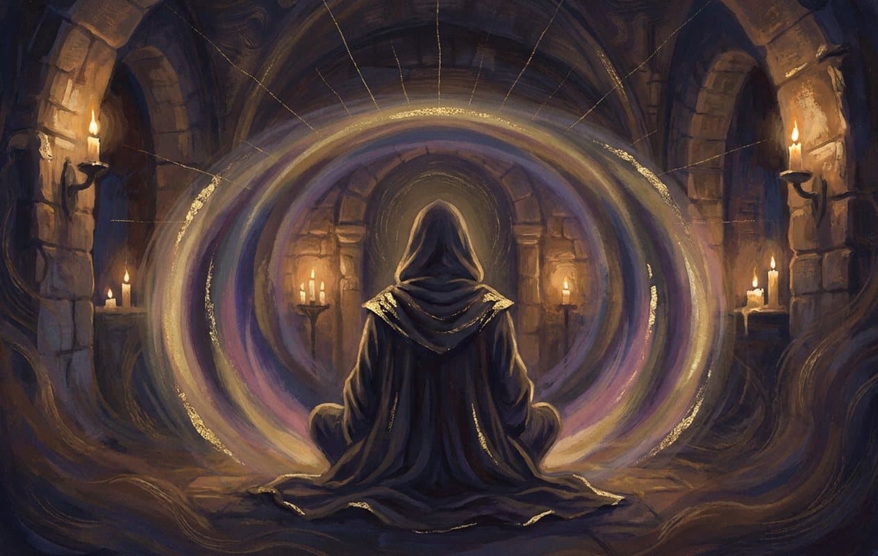 A meditating figure seen from behind in a candle-lit stone chamber, wrapped in an oval of gold, violet and rose light.