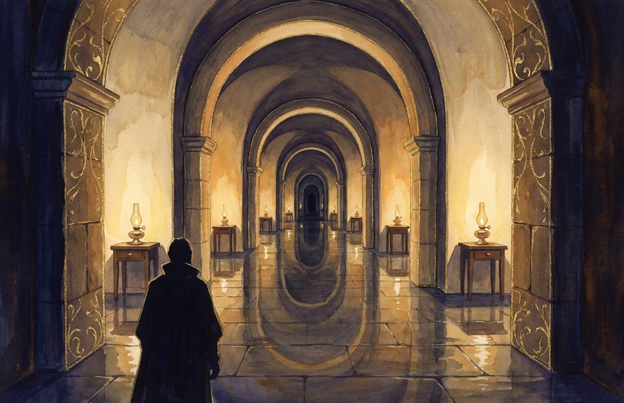 A woman seen from behind stands in a long candle-lit corridor whose identical arches repeat into infinity.