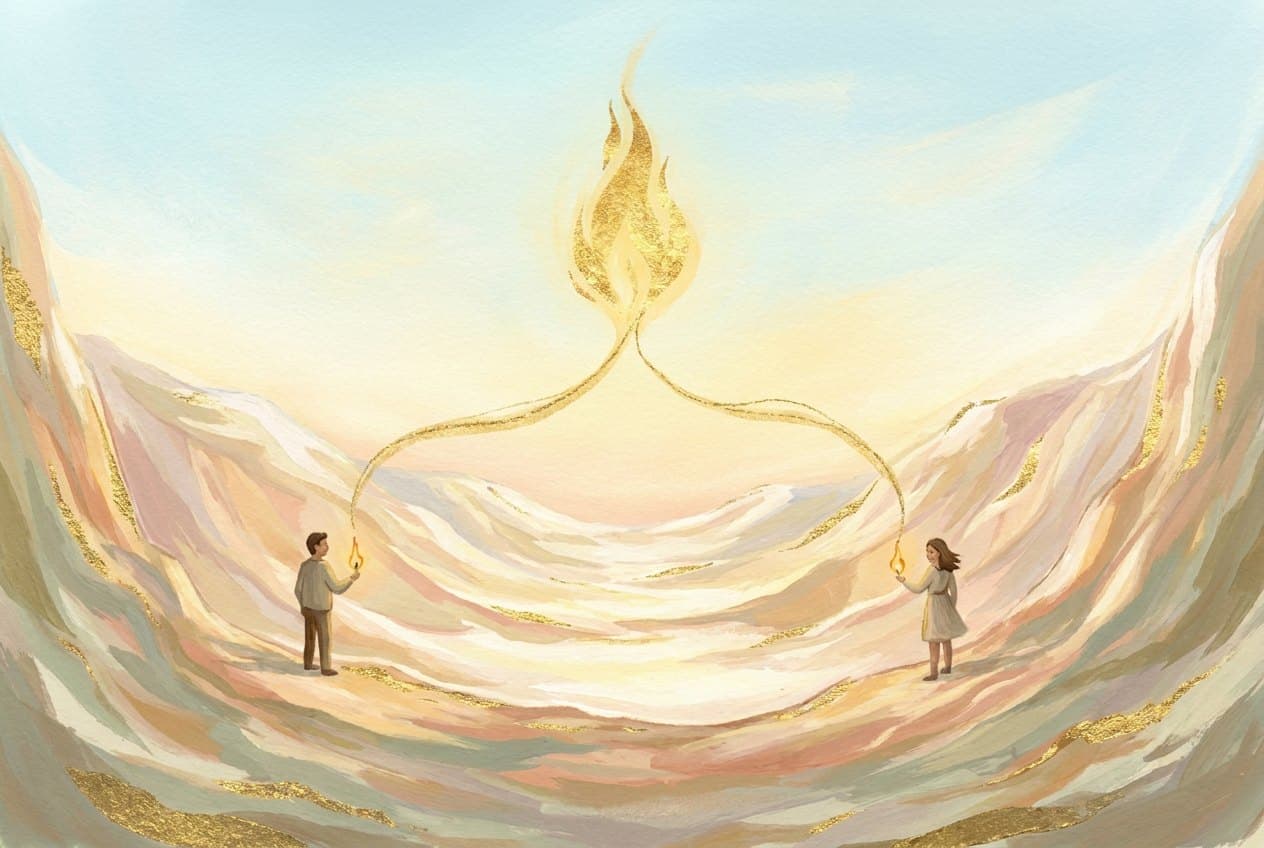 Two small silhouettes on opposite sides of a wide valley each hold a small flame, while in the night sky two golden threads merge into a single flame.