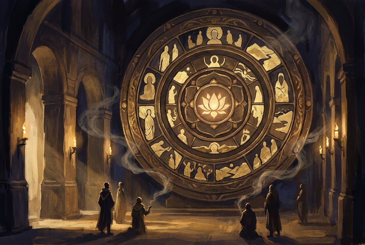 A great bronze wheel of life with golden reliefs and a lotus at its centre in a temple hall, worshippers standing before it.