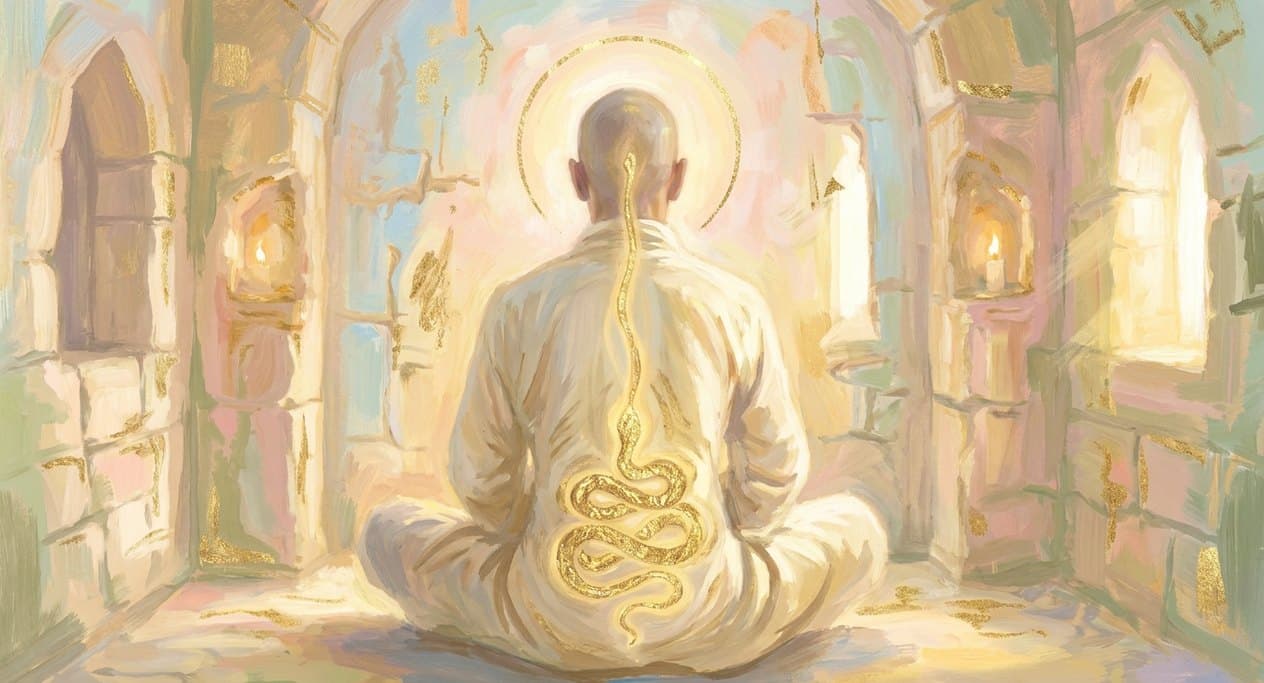A yogi in lotus pose seen from behind in a candle-lit stone niche, a golden coiled serpent glowing at the base of the spine and a channel of light rising to a radiance above the head.