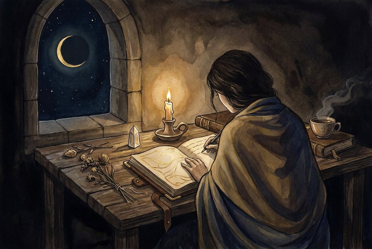 A woman at a window at night writes in a journal by candlelight, a crescent new moon in the sky.