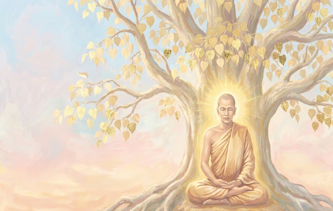 A monk in an ochre robe meditates beneath a great Bodhi tree with golden heart-shaped leaves, the morning star shining in an indigo sky.