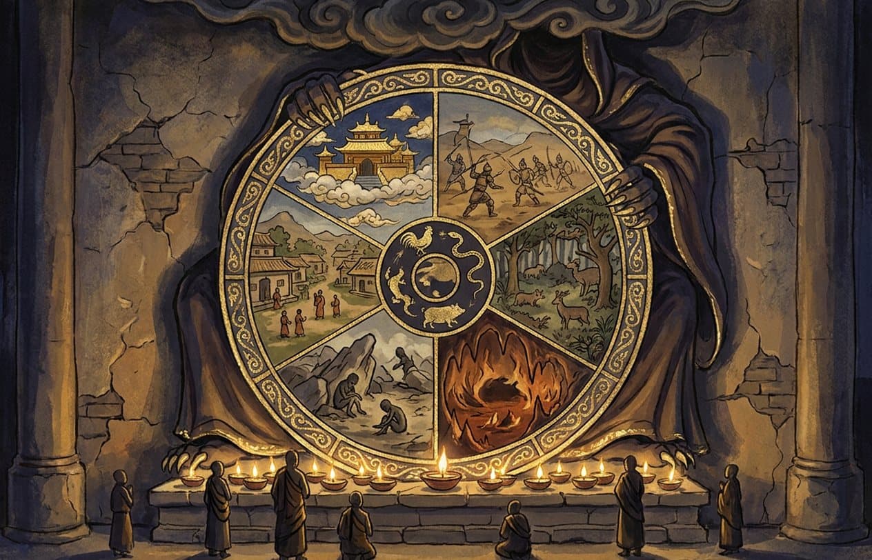 The Tibetan wheel of life on a temple wall: six realms, a rooster, snake and pig at the hub, a dark being holding the wheel, worshippers and lamps below.