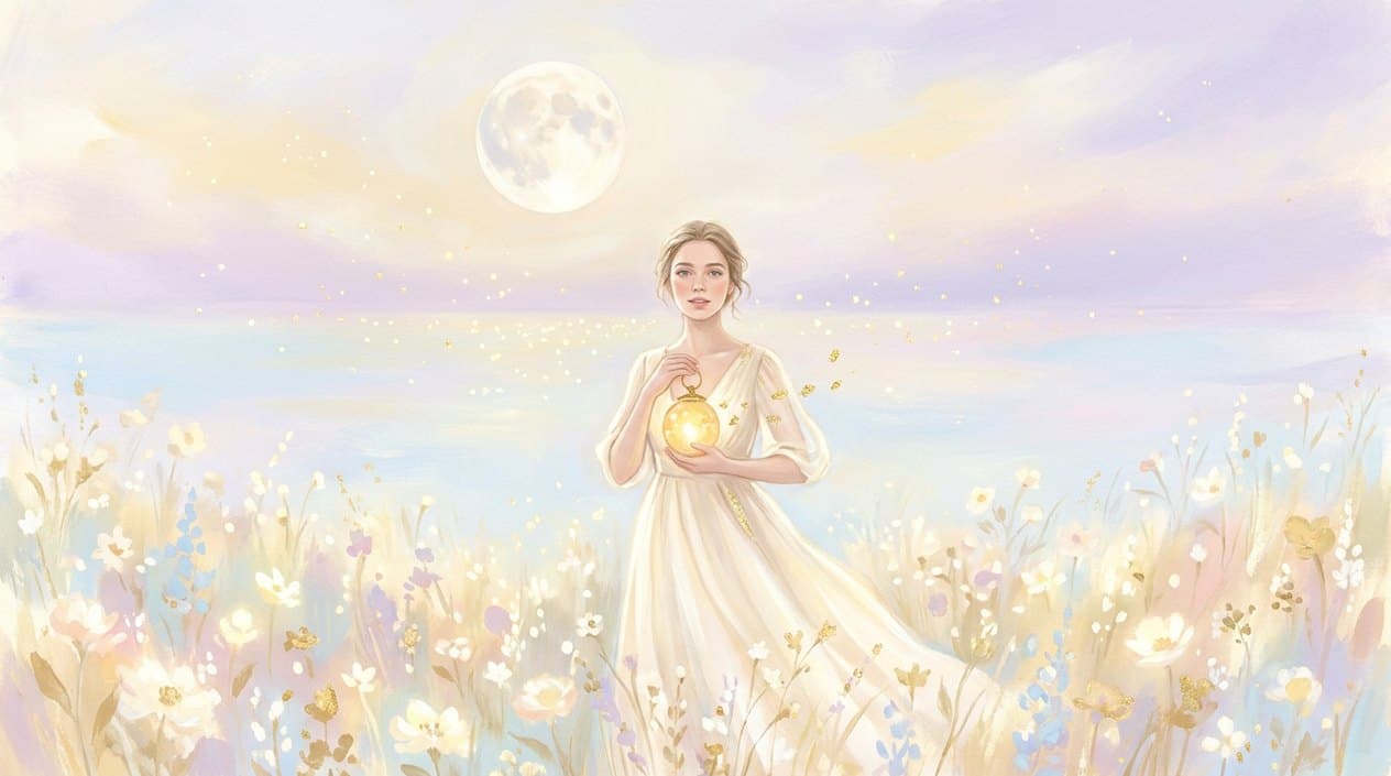 A young woman in a cream dress stands in a bright meadow under a pearly sky with a full moon, holding a glowing golden lantern to her heart.