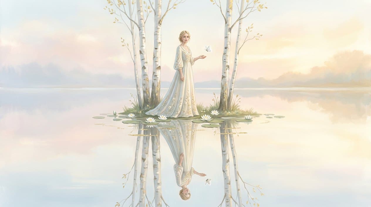 A woman in a light dress stands between two white birch trees on the shore of a still lake with water lilies, her figure and the trees mirrored symmetrically in the water.