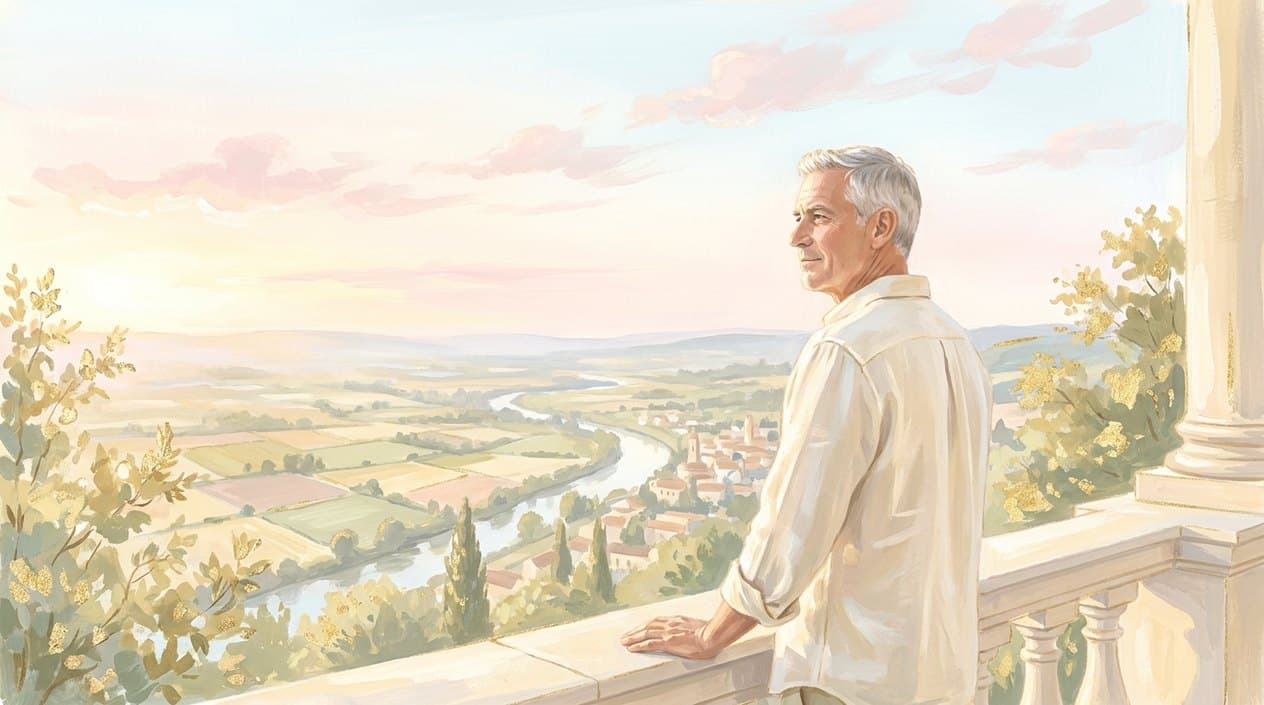 A grey-haired man in a light linen shirt stands on a stone terrace at dawn, leaning on the balustrade and looking out over a wide valley with fields, a river and a small town.